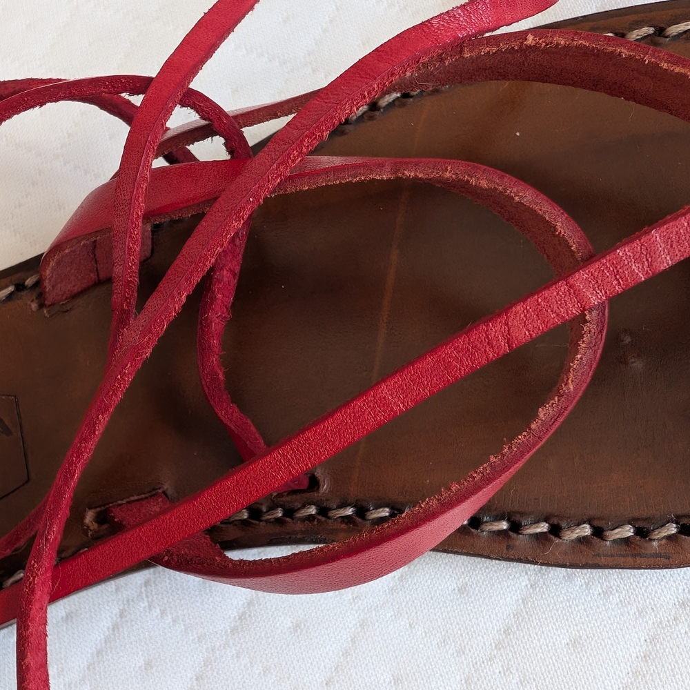 Spaziomoda Red Leather Lace-Up Strappy Gladiator Sandal, diamond studs, size 7.5 - Picture 14 of 15